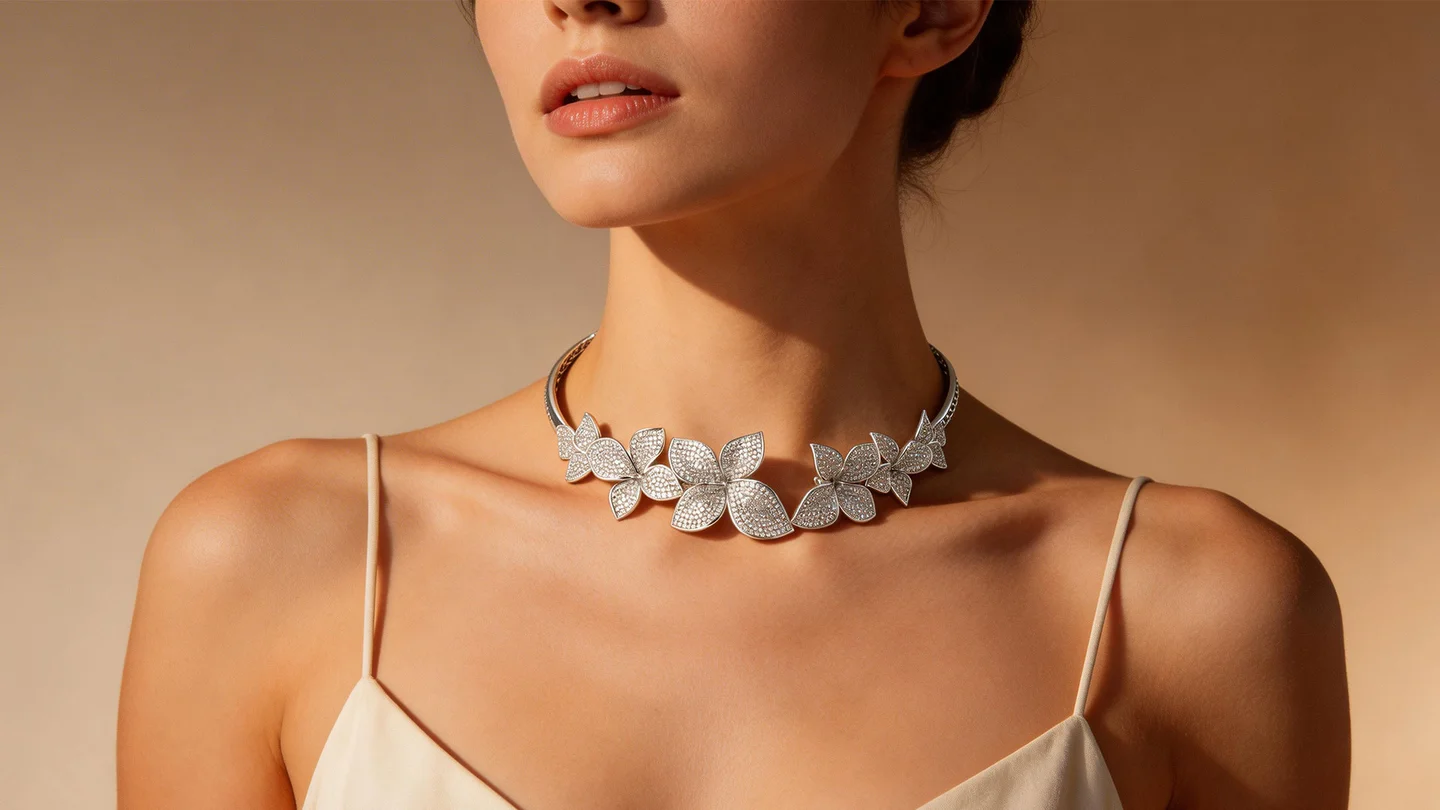 A floral diamond necklace worn by a model